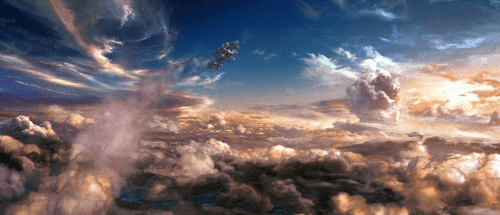 Neo and Trinity rise above the clouds toward the Machine City